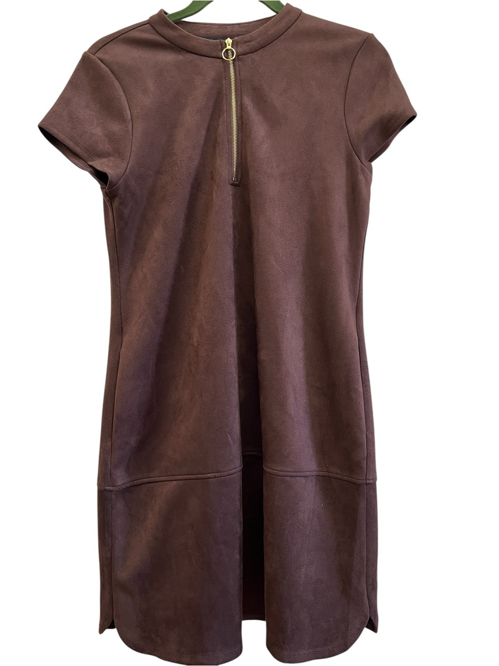 Andrew Marc Faux Suede Shift Dress Brown Zip Front Minimalist Dark Academia - Picture 2 of 6